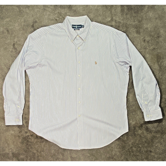 Ralph Lauren Shirt Men 17.5 Classic Fit Cotton 100%Button Down Pink Blue Striped - Picture 2 of 11